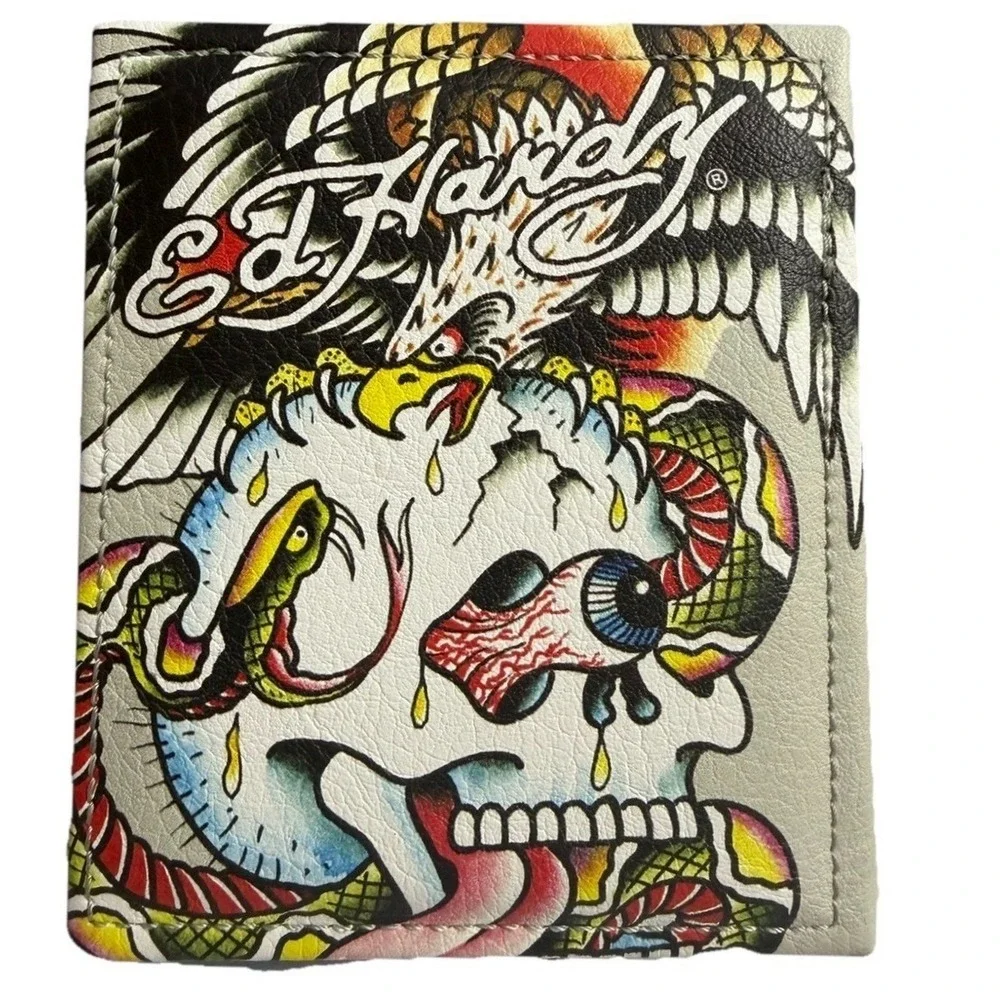 Ed Hardy Men Offwhite Wallet Bi-fold Valet Tray PU Leather My Love True Tattoo